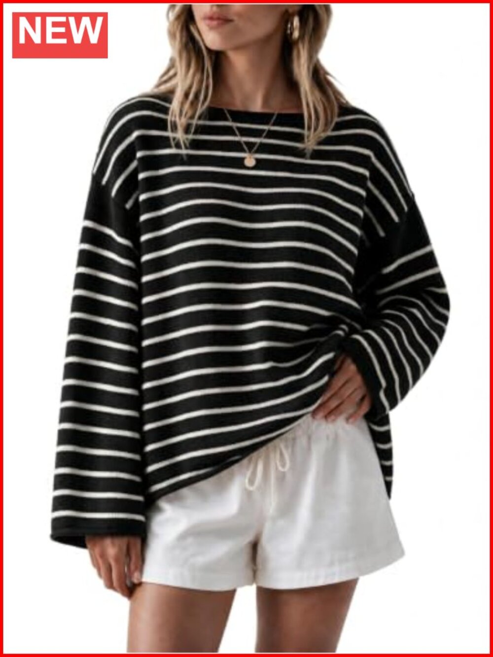 Oversized Striped Boat Neck Sweater Long Sleeve Knit Pullover